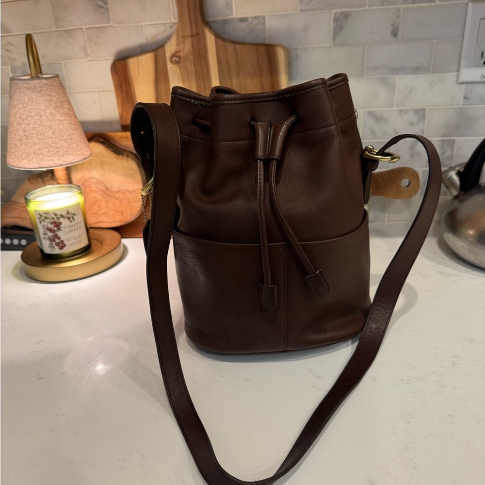 Coach Chocolate Brown Leather Bucket Bag with Brass Accents - Picture 2 of 5
